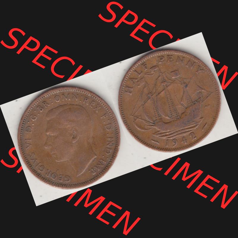 Alte Münzen Großbritannien Umlaufmünze 1937-1948, Half Penny, 1942-2, George VI, HALF PENNY HP, Segelschiff. Vorderseite und Rückseite horizontal... Sammlung