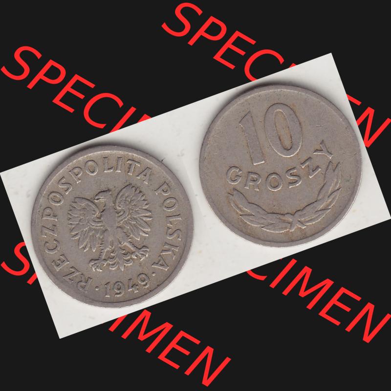 Münzen Polen KMS, Kursmünzensatz 1949-1949, Republik Polen 10 Groszy, Groschen, Kupfer 1949-1. Vorderseite und Rückseite horizontal mit Wert-Zahl / Wert-Angabe... Sammlung