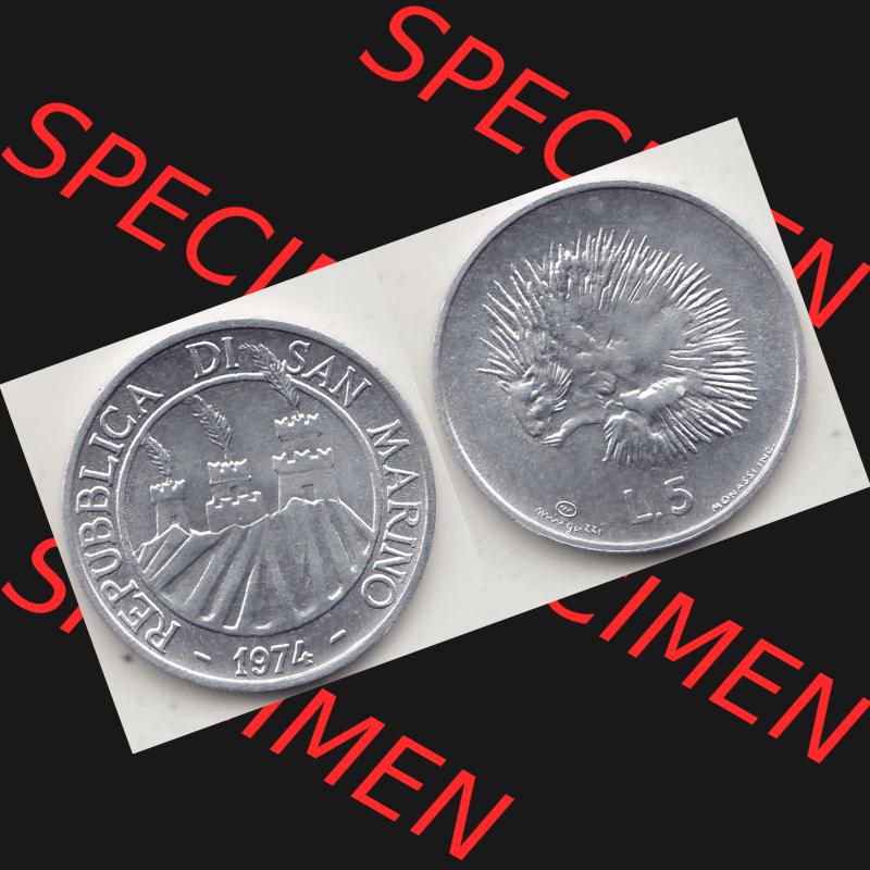 Bildmaterial Münzensatz / KMS 1974 aus San Marino 1974-1974, 5 Lire, L.5 MINGUZZI MONASSI INC.. Vorderseite und Rückseite als horizontales Bildmaterial für... Sammlung