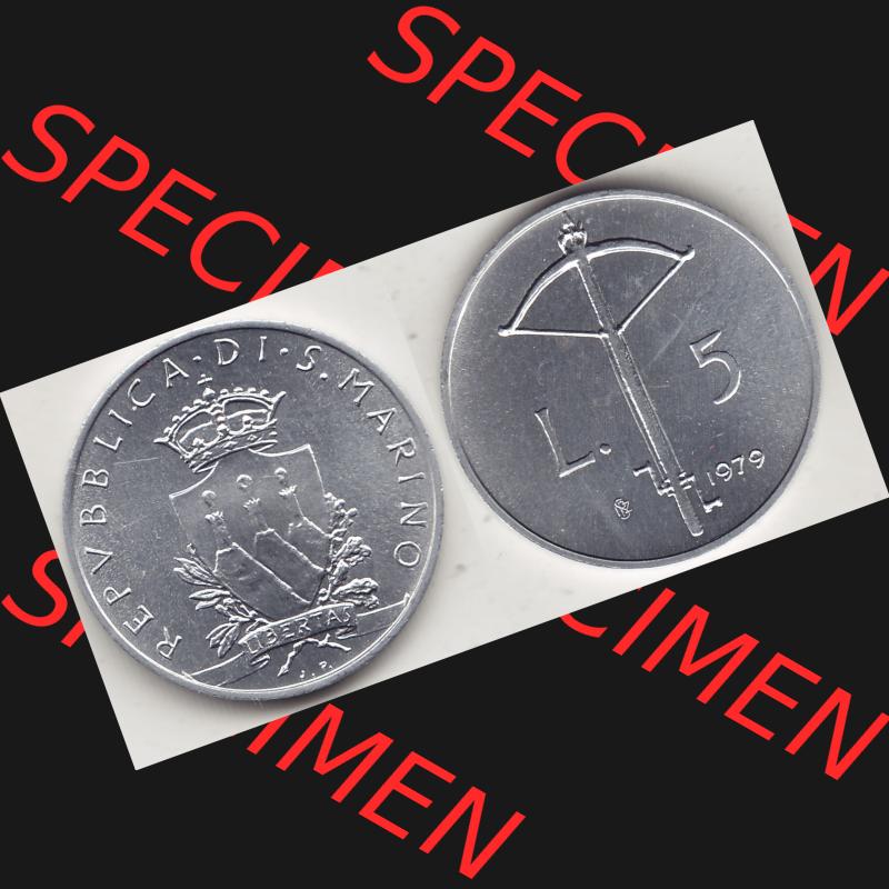 Bildmaterial Münzensatz / KMS 1979 aus San Marino 1979-1979, 5 Lire, LIBERTAS REPVBBLICA DI S. MARINO, 1979 L.5. Vorderseite und Rückseite als horizontales... Sammlung