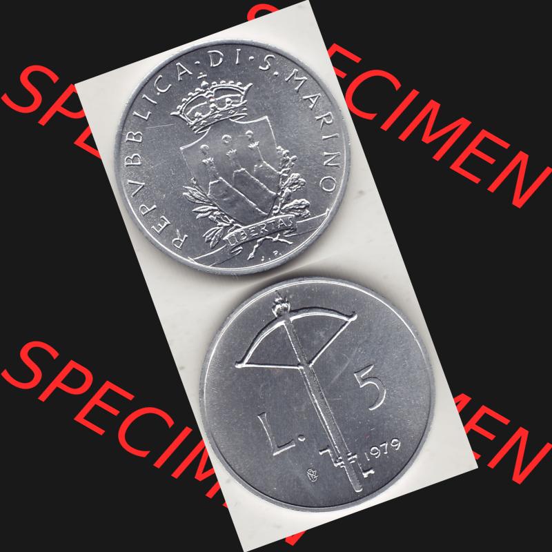 Bildmaterial Münzensatz / KMS 1979 aus San Marino 1979-1979, 5 Lire, LIBERTAS REPVBBLICA DI S. MARINO, 1979 L.5. Vorderseite und Rückseite als vertikales... Sammlung