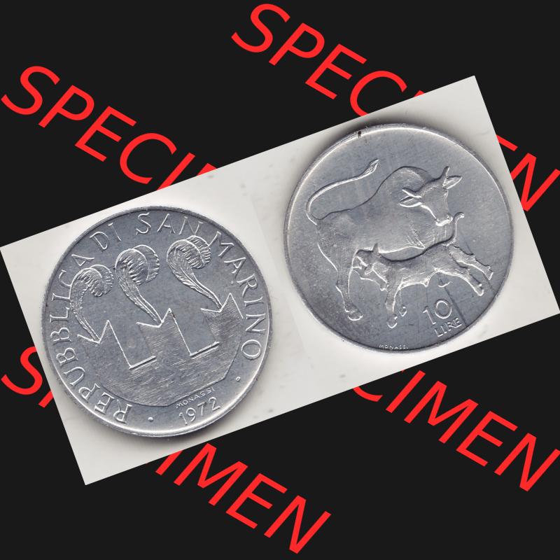 Bildmaterial Münzensatz / KMS 1972 aus San Marino 1972-1972, 10 Lire 1972, MONASSI REPUBBLICA DI SAN MARINO, 10 LIRE. Vorderseite und Rückseite einer Umlaufmünze... Sammlung