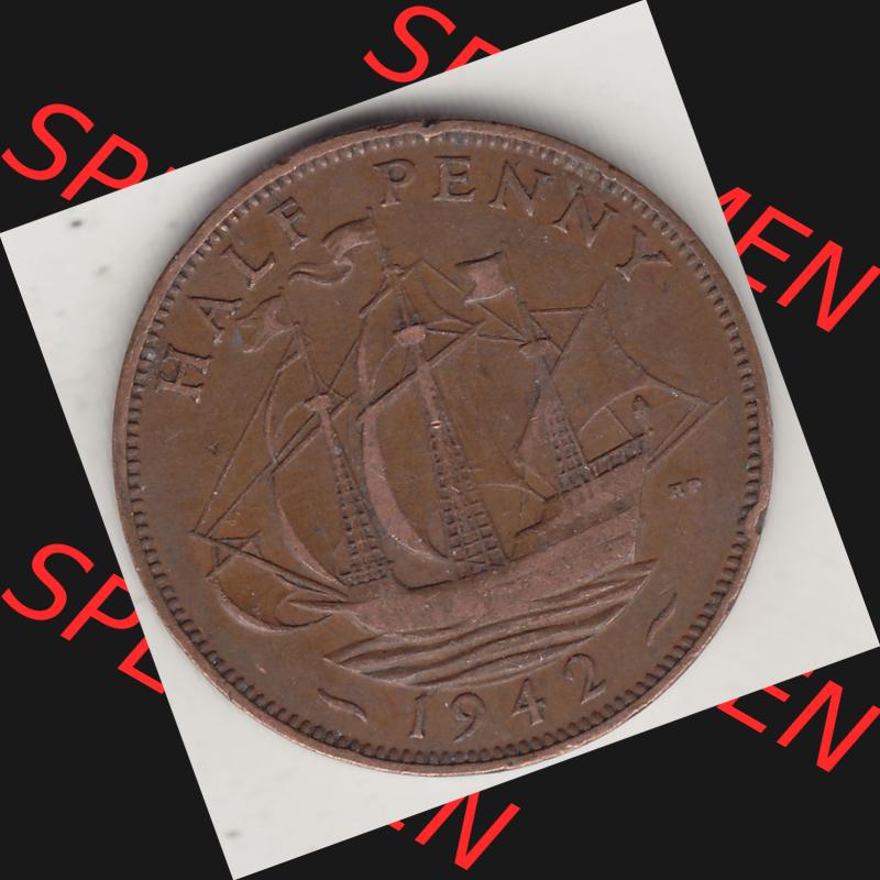 Alte Münzen Großbritannien Umlaufmünze 1937-1948, Half Penny, 1942-1, George VI, HALF PENNY HP, Segelschiff. Rückseite der alten britischen Münze... Sammlung