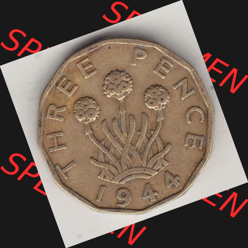Alte Münzen Großbritannien Umlaufmünze 1937-1948, 3 Pence, Three Pence 1944-1, George VI, GEORGIVS VI D G BR OMN REX F D IND IMP. Rückseite der alten... Sammlung