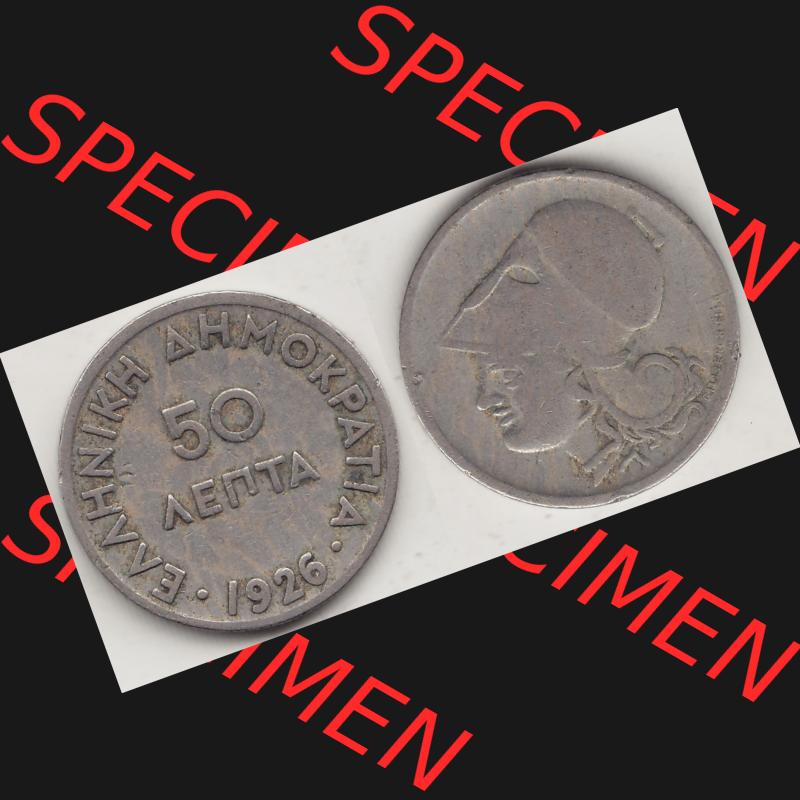 Alte Münzen KMS Griechenland, Kursmünzensatz 1926-1926, 50 Lepta, Aenta 1926-1. Vorderseite und Rückseite horizontal auf einen digitalen Bild der alten griechischen... Sammlung