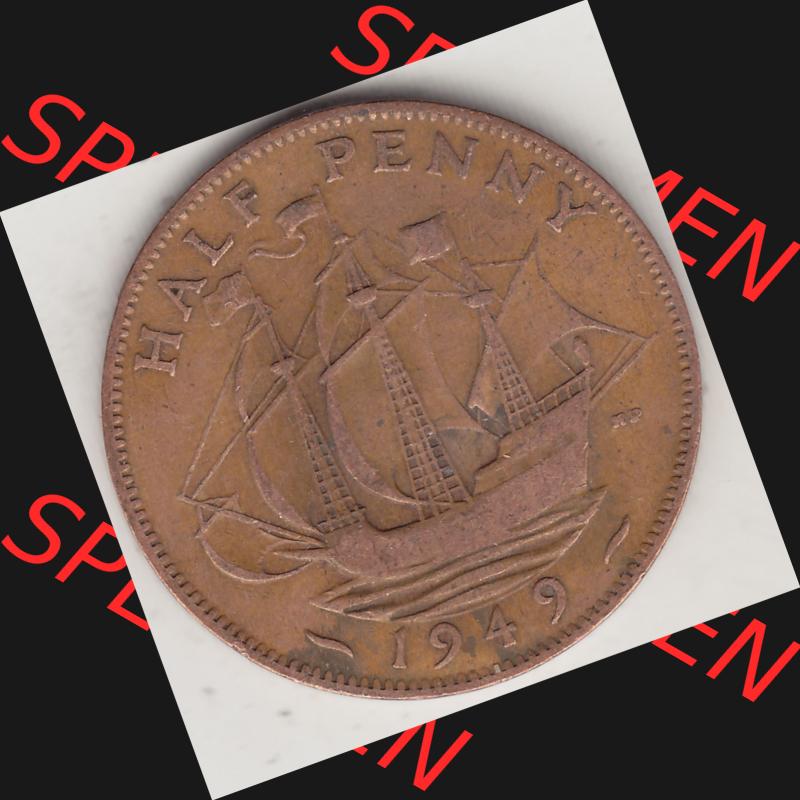 Alte Münzen Großbritannien Umlaufmünze 1949-1952, Half Penny, 1949-1, George VI, HALF PENNY HP, Segelschiff. Rückseite der alten britischen Münze... Sammlung