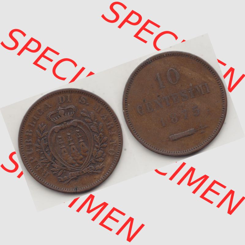 Bildmaterial Münzen aus San Marino vor 1900, 1875-1894, 10 Centesimi, Cent-Wert, 1875-1, GORI LIBERTAS REPUBBLICA DI S. MARINO, 10 CENTESIMI. Vorderseite... Sammlung
