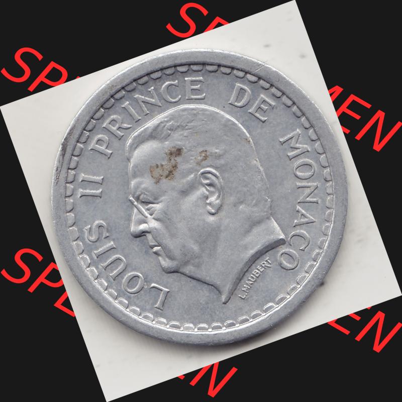 Alte Münzen Monaco Umlaufmünze Einzelansicht 1943-1943, 2 Franken 1943-2, in Aluminium, LOUIS II PRINCE DE MONACO, 2 FRANCS DEO JUVANTE. Vorderseite der alten Umlaufmünze... Sammlung
