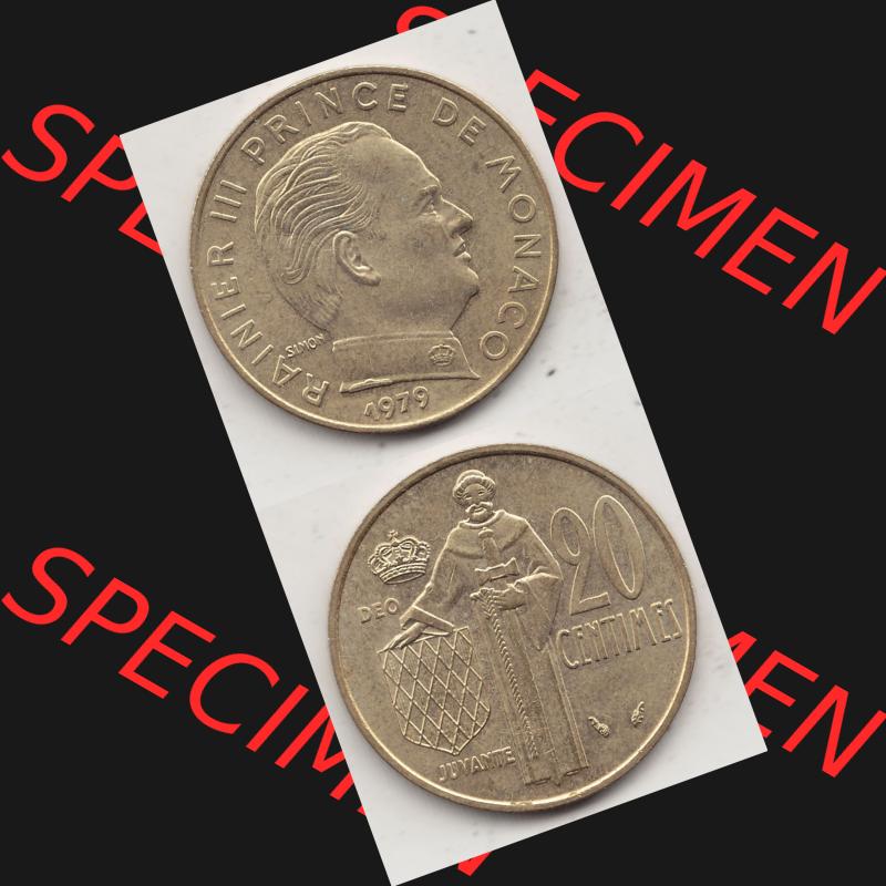 Alte Münzen Monaco Umlaufmünze Vollansicht 1962-1995, 20 Centimes, Cent 1979-1, RAINIER III PRINCE DE MONACO SIMON, 20 CENTIMES DEO JUVANTE. Vorderseite und Rückseite... Sammlung