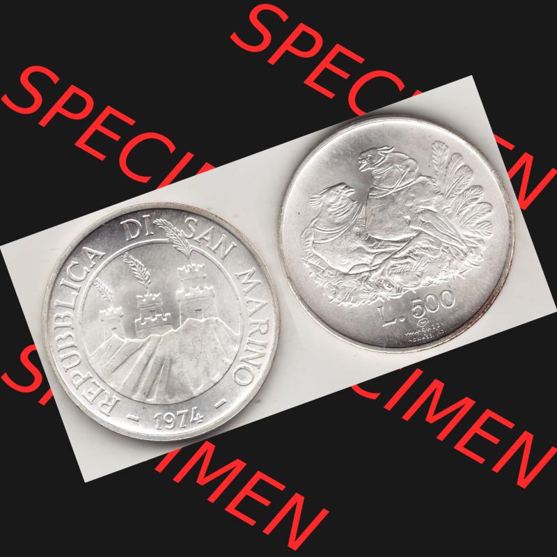 Bildmaterial Münzensatz / KMS 1974 aus San Marino 1974-1974, 500 Lire Silbermünze 1974 aus San Marino, wertvolle Edelmetallmünze Münze in Silber, L.500... Sammlung