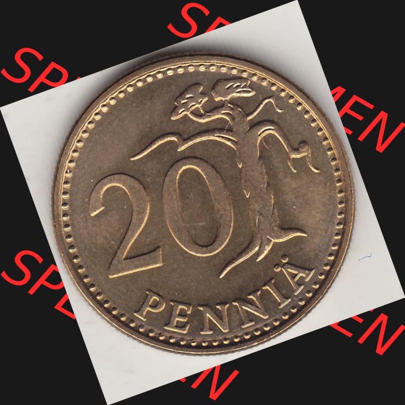 Alte Münzen KMS Finnland, Kursmünzensatz 1978 in Stempelglanz 1963-1990, 20 Penny, 1978-1. Rückseite mit Wert-Zahl bzw. Nennwert einer Münze aus offiziellen... Sammlung