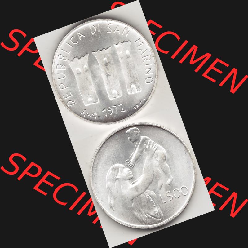 Bildmaterial Münzensatz / KMS 1972 aus San Marino 1972-1972, 500 Lire 1972 L. 500 REPUBBLICA DI SAN MARINO, Silbermünze. Vorderseite und Rückseite einer Umlaufmünze... Sammlung