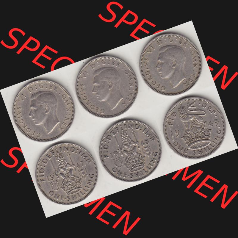Alte Münzen Großbritannien Umlaufmünze One Shilling, 1 Schilling 1947, 1948, 1949. Ein Satz alter Münzen aus Großbritannien als Motiv vom digitalen Bild... Sammlung