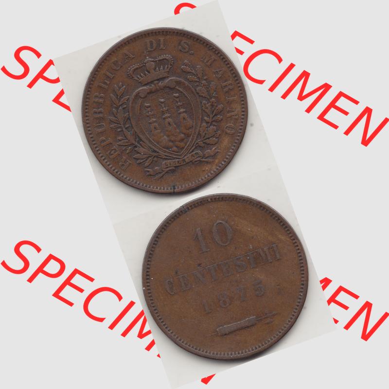 Bildmaterial Münzen aus San Marino vor 1900, 1875-1894, 10 Centesimi, Cent-Wert, 1875-1, GORI LIBERTAS REPUBBLICA DI S. MARINO, 10 CENTESIMI. Vorderseite... Sammlung
