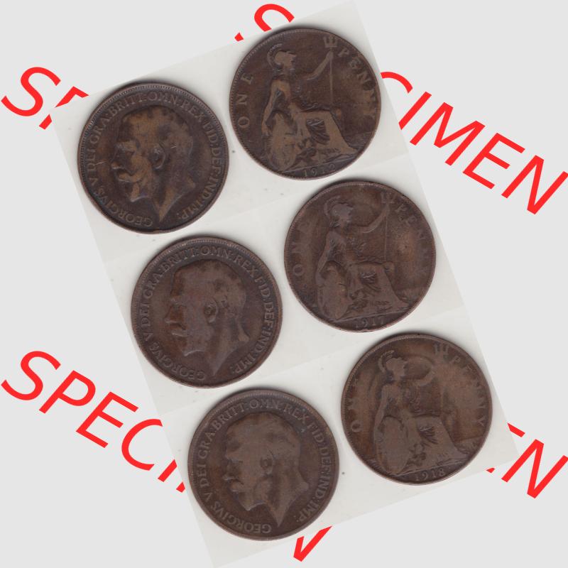 Alte Münzen Großbritannien Umlaufmünze 1912-1918, 1912, 1917, 1918 One Penny, 1 Penny George V. Ein Satz alter Münzen aus Großbritannien Zeitraum... Sammlung