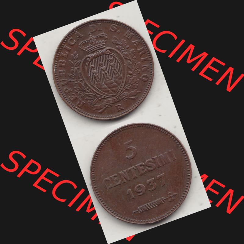 Bildmaterial Münzen aus San Marino vor 1950, 1935-1938, 5 Centesimi, Cent-Wert 1937-1, LIBERTAS REPUBBLICA DI S. MARINO, 5 CENTESIMI. Vorderseite und Rückseite... Sammlung