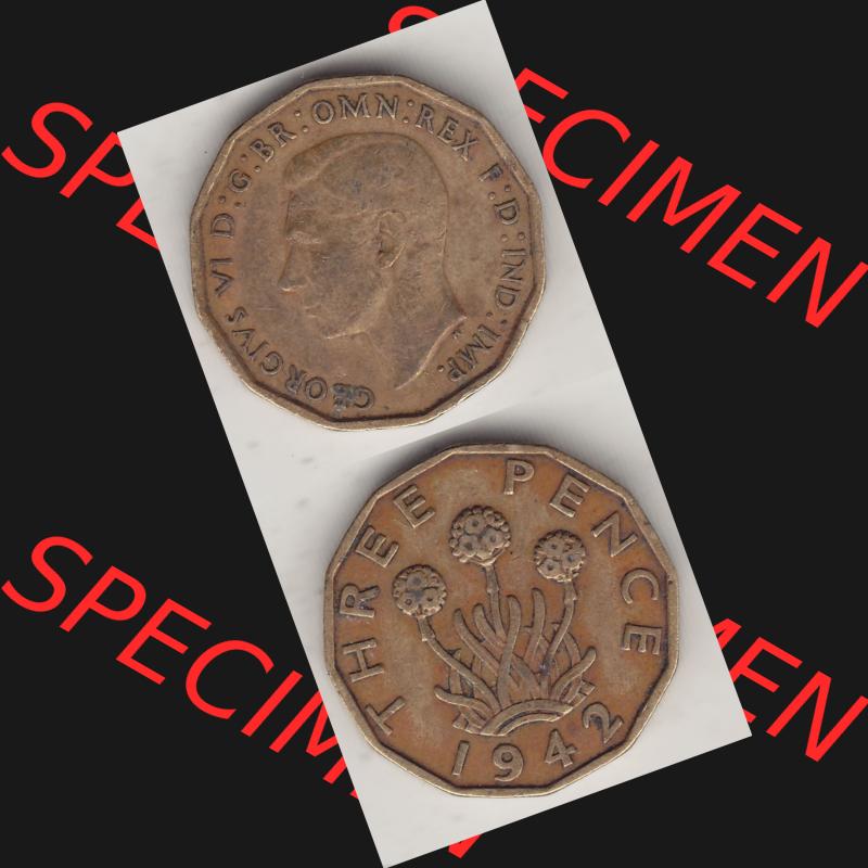 Alte Münzen Großbritannien Umlaufmünze 1937-1948, 3 Pence, Three Pence 1942-1, George VI, GEORGIVS VI D G BR OMN REX F D IND IMP. Vorderseite und Rückseite... Sammlung