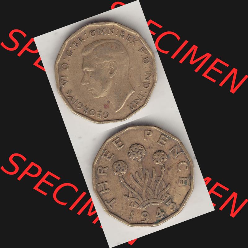 Alte Münzen Großbritannien Umlaufmünze 1937-1948, 3 Pence, Three Pence 1943-4, George VI, GEORGIVS VI D G BR OMN REX F D IND IMP. Vorderseite und Rückseite... Sammlung