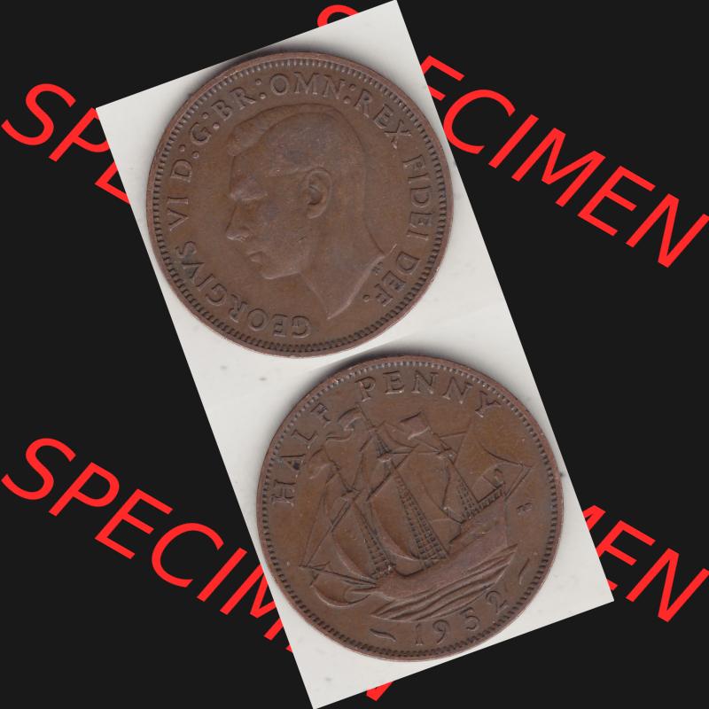 Alte Münzen Großbritannien Umlaufmünze 1949-1952, Half Penny, 1952-1, George VI, HALF PENNY HP, Segelschiff. Vorderseite und Rückseite vertikal... Sammlung