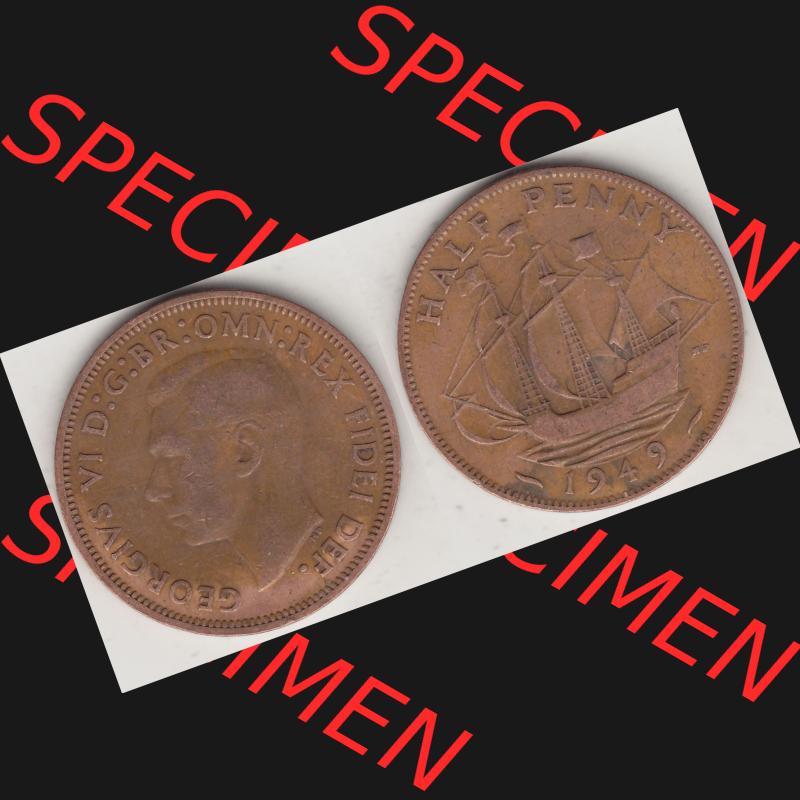 Alte Münzen Großbritannien Umlaufmünze 1949-1952, Half Penny, 1949-1, George VI, HALF PENNY HP, Segelschiff. Vorderseite und Rückseite horizontal... Sammlung