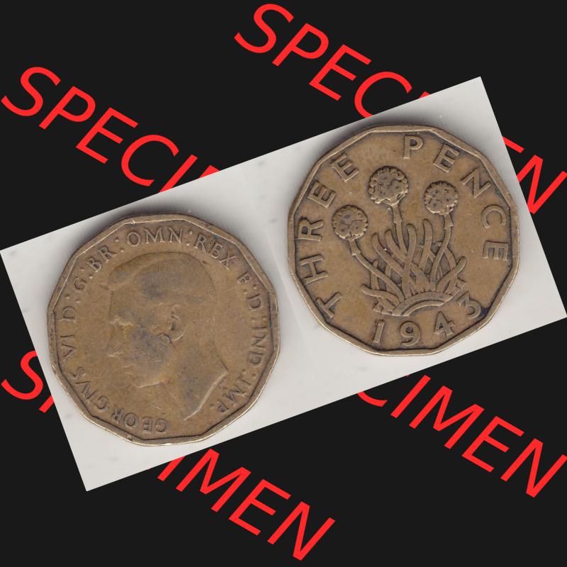 Alte Münzen Großbritannien Umlaufmünze 1937-1948, 3 Pence, Three Pence 1943-3, George VI, GEORGIVS VI D G BR OMN REX F D IND IMP. Vorderseite und Rückseite... Sammlung