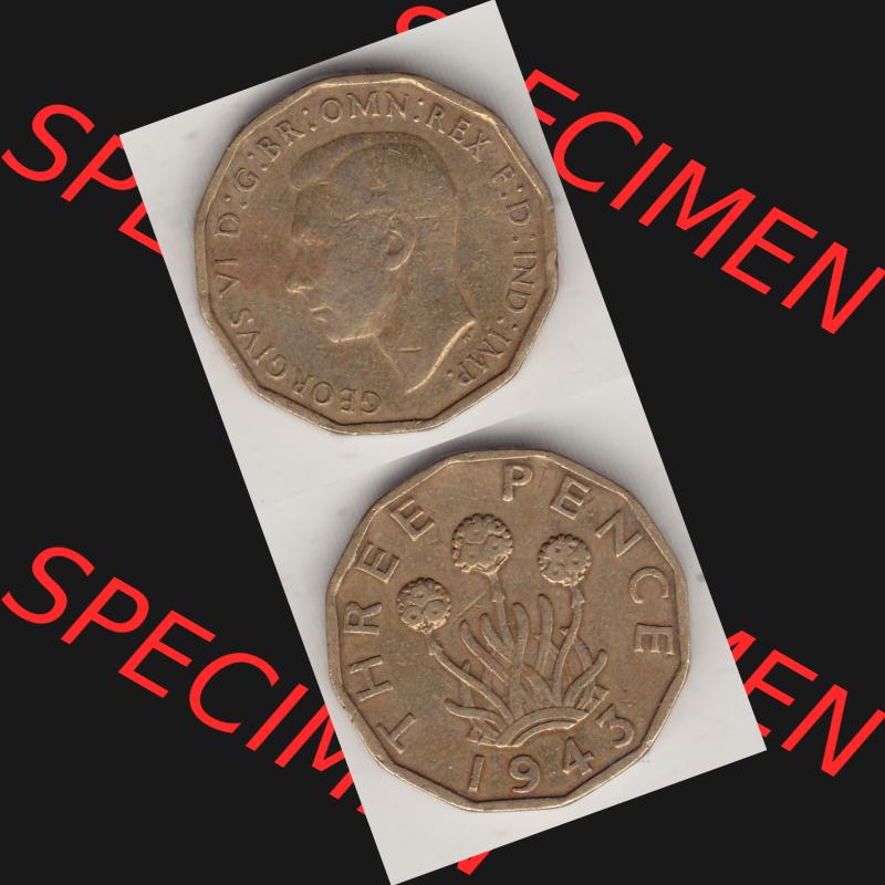 Alte Münzen Großbritannien Umlaufmünze 1937-1948, 3 Pence, Three Pence 1943-2, George VI, GEORGIVS VI D G BR OMN REX F D IND IMP. Vorderseite und Rückseite... Sammlung