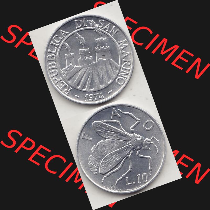 Bildmaterial Münzensatz / KMS 1974 aus San Marino 1974-1974, 10 Lire, L.10 MINGUZZI MONASSI INC.. Vorderseite und Rückseite als vertikales untereinander zusammengefügte... Sammlung