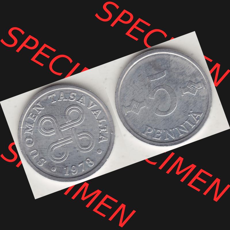Alte Münzen KMS Finnland, Kursmünzensatz 1978 in Stempelglanz 1977-1990, 5 Penny, 1978-1. Digitales Bild / Bildmaterial mit Vorderseite und Rückseite einer Münze... Sammlung