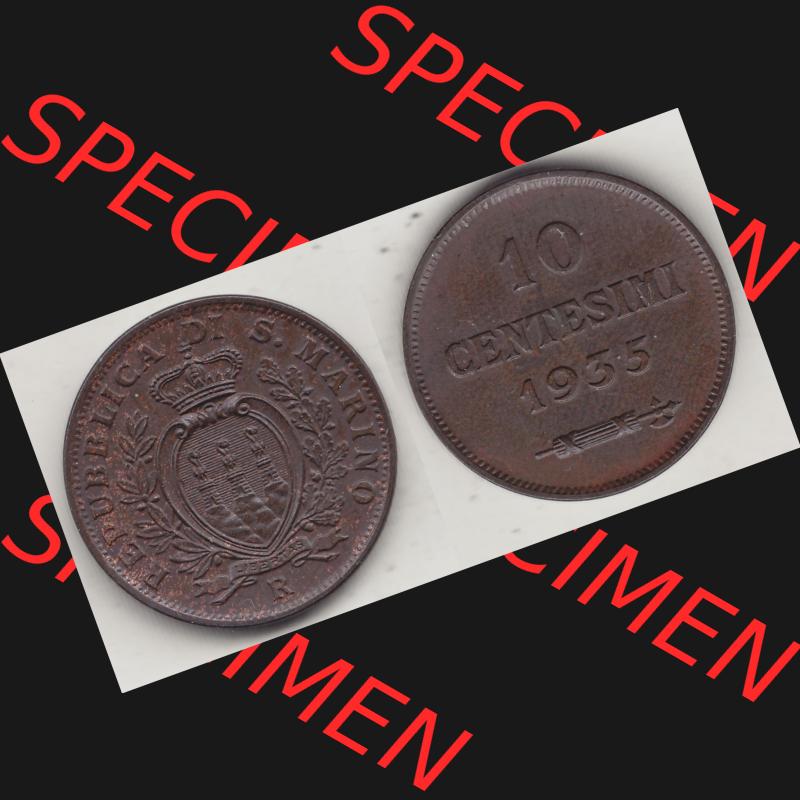 Bildmaterial Münzen aus San Marino vor 1950, 1935-1938, 10 Centesimi, (Cent-Wert), 1935-1, LIBERTAS REPUBBLICA DI S. MARINO, 10 CENTESIMI 1935.... Sammlung