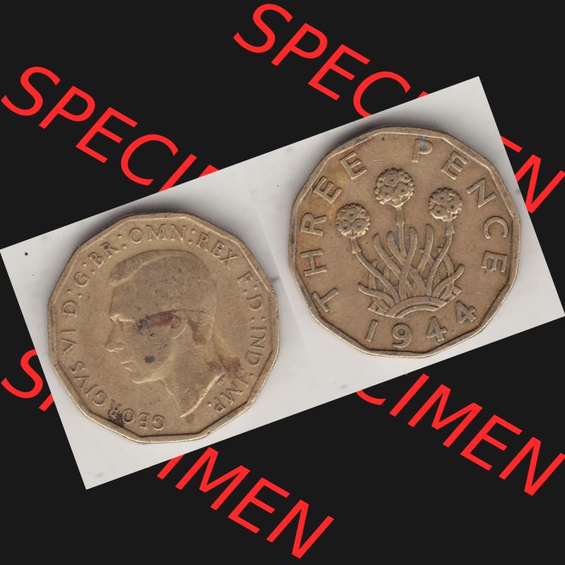Alte Münzen Großbritannien Umlaufmünze 1937-1948, 3 Pence, Three Pence 1944-1, George VI, GEORGIVS VI D G BR OMN REX F D IND IMP. Vorderseite und Rückseite... Sammlung