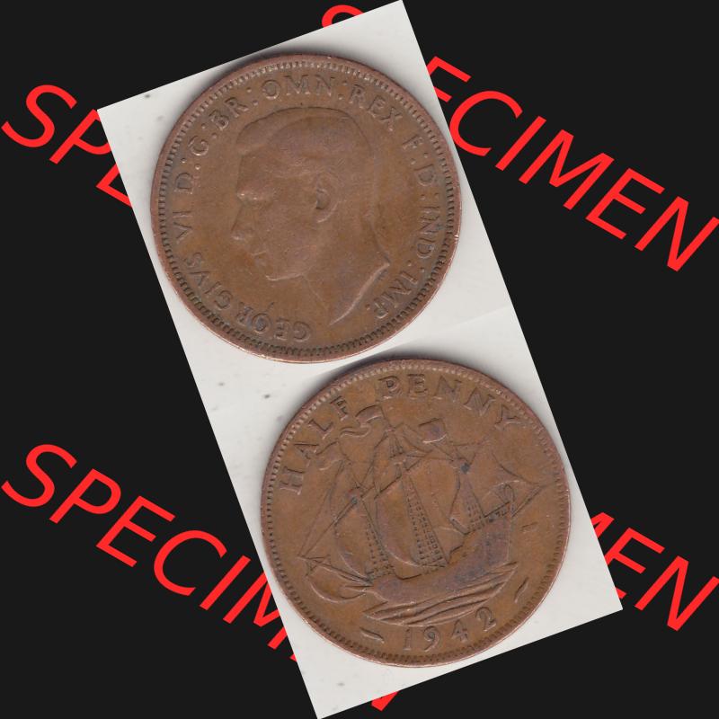 Alte Münzen Großbritannien Umlaufmünze 1937-1948, Half Penny, 1942-2, George VI, HALF PENNY HP, Segelschiff. Vorderseite und Rückseite vertikal... Sammlung