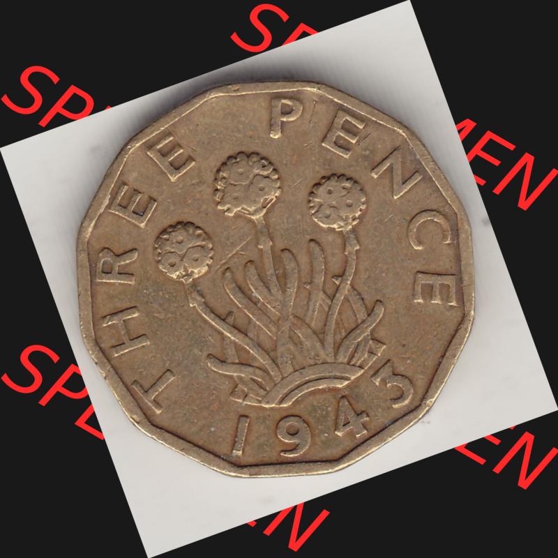 Alte Münzen Großbritannien Umlaufmünze 1937-1948, 3 Pence, Three Pence 1943-2, George VI, GEORGIVS VI D G BR OMN REX F D IND IMP. Rückseite der alten... Sammlung