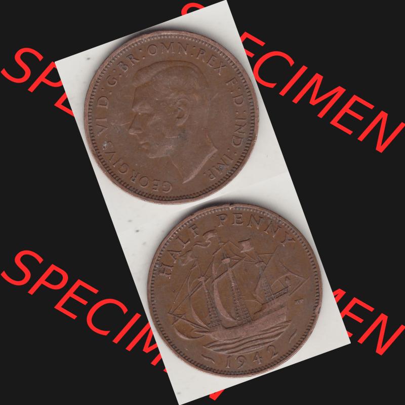 Alte Münzen Großbritannien Umlaufmünze 1937-1948, Half Penny, 1942-1, George VI, HALF PENNY HP, Segelschiff. Vorderseite und Rückseite vertikal... Sammlung