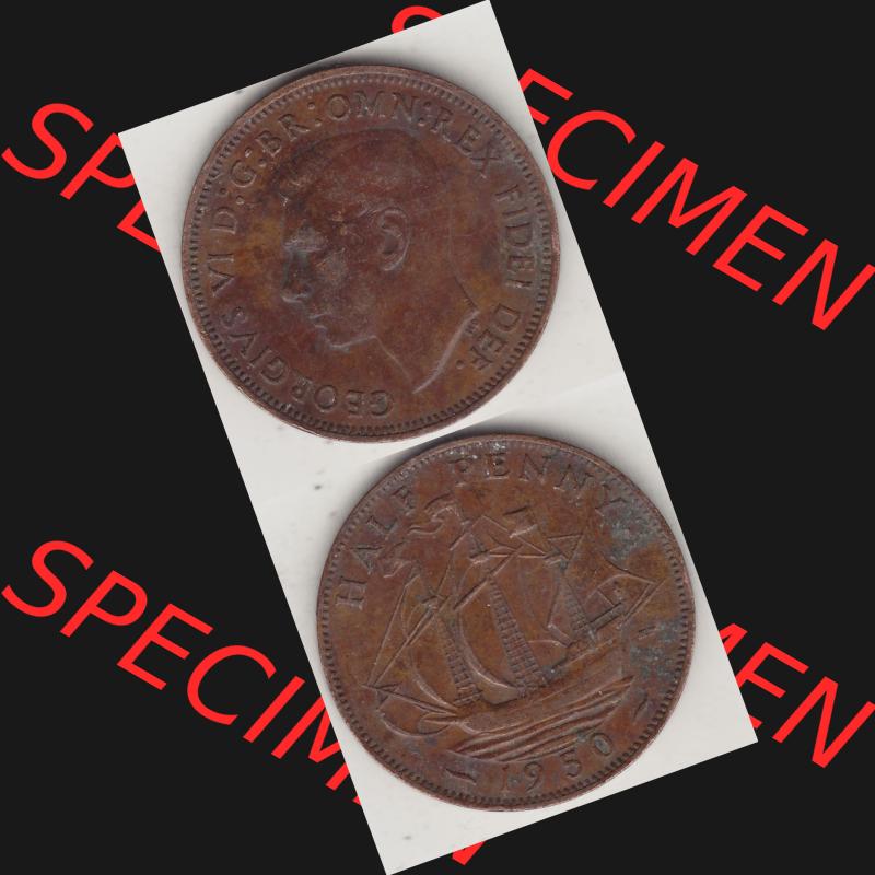 Alte Münzen Großbritannien Umlaufmünze 1949-1952, Half Penny, 1950-1, George VI, HALF PENNY HP, Segelschiff. Vorderseite und Rückseite vertikal... Sammlung