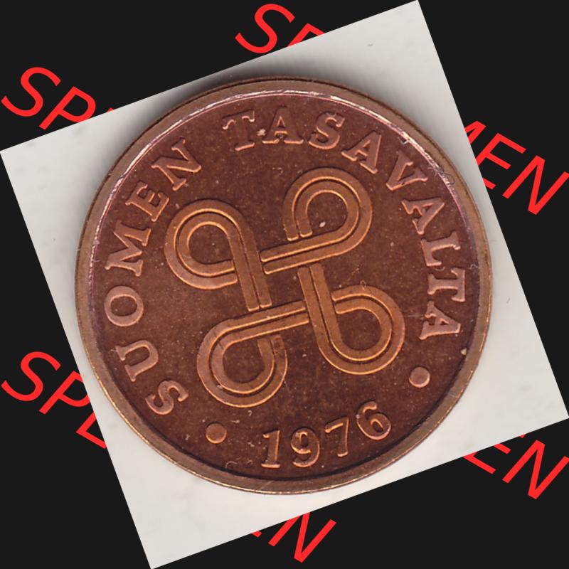 Alte Münzen KMS Finnland, Kursmünzensatz 1976 in Stempelglanz 1963-1977, 5 Penny Penniä 1976-1, SUOMEN TASAVALTA. Vorderseite einer Münze aus KMS / Kursmünzen... Sammlung