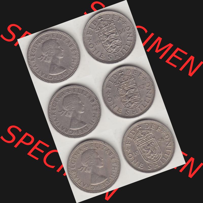 Alte Münzen Großbritannien Umlaufmünze One Shilling, 1 Schilling 1956, 1957, 1958. Ein Satz alter Münzen aus Großbritannien als Motiv vom digitalen Bild... Sammlung