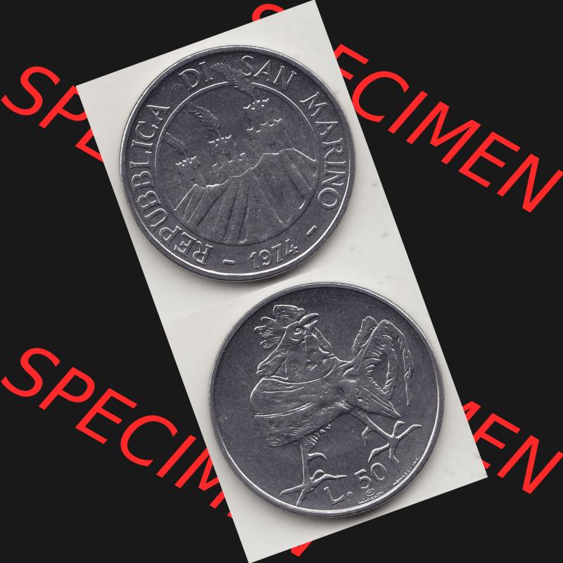 Bildmaterial Münzensatz / KMS 1974 aus San Marino 1974-1974, 50 Lire, L.50 MINGUZZI MONASSI INC.. Vorderseite und Rückseite als vertikales untereinander zusammengefügte... Sammlung