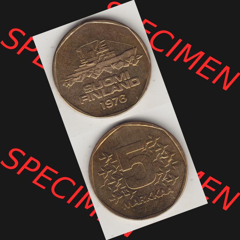 Alte Münzen KMS Finnland, Kursmünzensatz 1976 in Stempelglanz 1972-1978, 5 Finnische Mark, Markkaa 1976-1, SUOMI FINLAND. Vorderseite und Rückseite vertikal... Sammlung