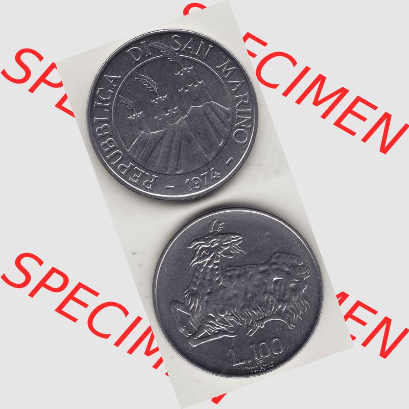 Bildmaterial Münzensatz / KMS 1974 aus San Marino 1974-1974, 100 Lire, L.100 MINGUZZI MONASSI INC.. Vorderseite und Rückseite als vertikales untereinander... Sammlung