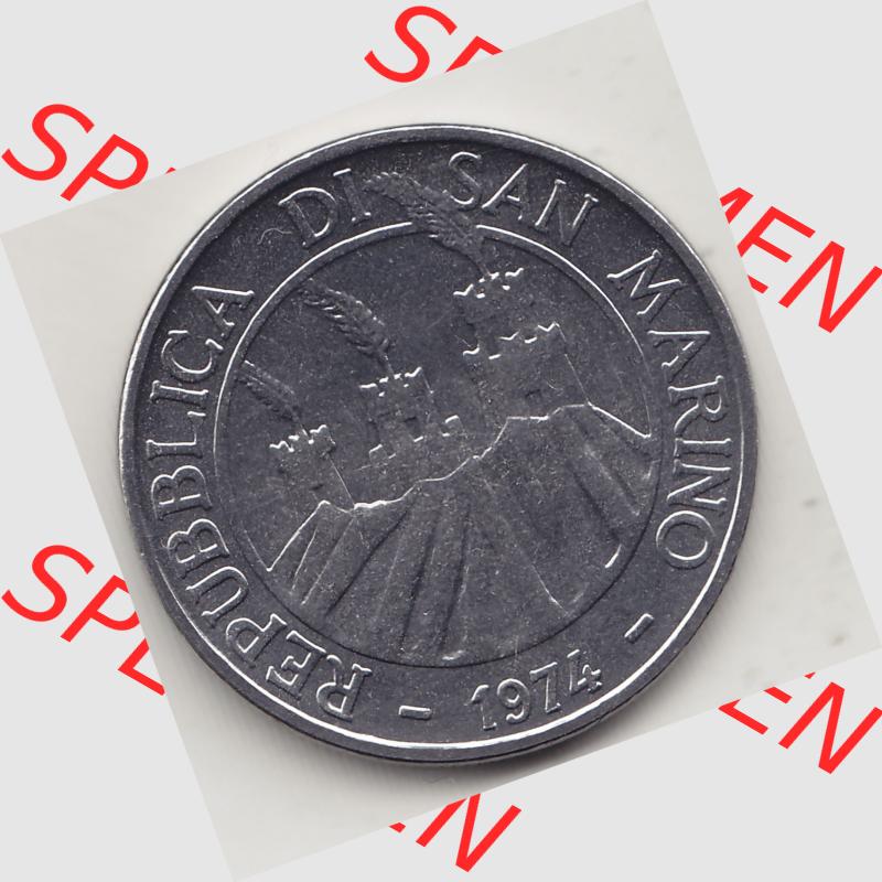 Bildmaterial Münzensatz / KMS 1974 aus San Marino 1974-1974, 50 Lire, L.50 MINGUZZI MONASSI INC.. Vorderseite einer Umlaufmünze aus 1974 REPUBBLICA DI SAN... Sammlung