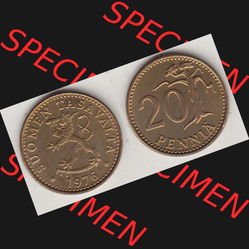 Alte Münzen KMS Finnland, Kursmünzensatz 1976 in Stempelglanz 1963-1990, 20 Penny Penniä 1976-1, SUOMEN TASAVALTA. Vorderseite und Rückseite zusammengefügt... Sammlung
