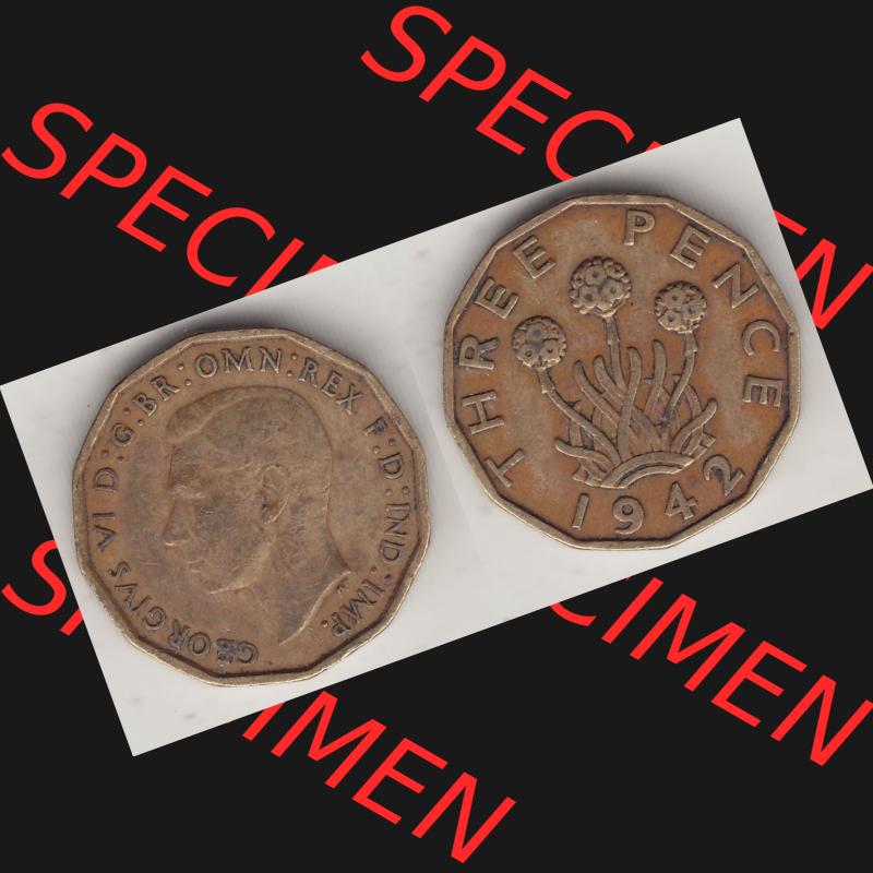 Alte Münzen Großbritannien Umlaufmünze 1937-1948, 3 Pence, Three Pence 1942-1, George VI, GEORGIVS VI D G BR OMN REX F D IND IMP. Vorderseite und Rückseite... Sammlung