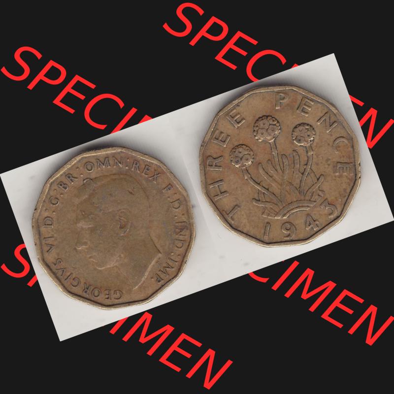 Alte Münzen Großbritannien Umlaufmünze 1937-1948, 3 Pence, Three Pence 1943-1, George VI, GEORGIVS VI D G BR OMN REX F D IND IMP. Vorderseite und Rückseite... Sammlung
