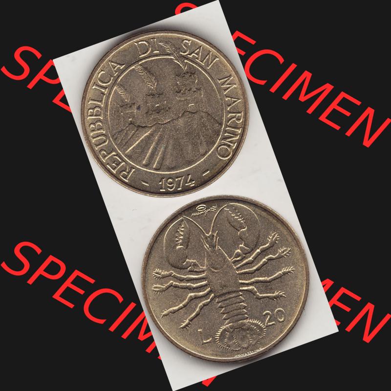Bildmaterial Münzensatz / KMS 1974 aus San Marino 1974-1974, 20 Lire, L.20 MINGUZZI MONASSI INC.. Vorderseite und Rückseite als vertikales untereinander zusammengefügte... Sammlung