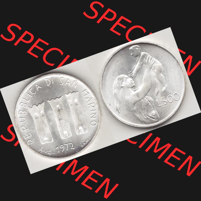 Bildmaterial Münzensatz / KMS 1972 aus San Marino 1972-1972, 500 Lire 1972 L. 500 REPUBBLICA DI SAN MARINO, Silbermünze. Vorderseite und Rückseite einer Umlaufmünze... Sammlung