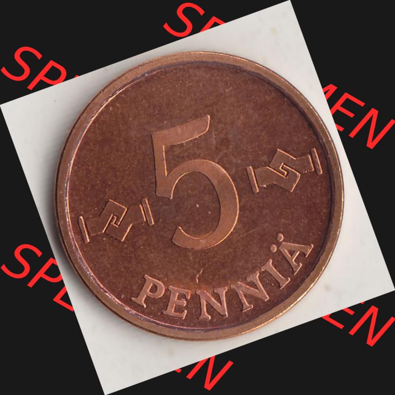 Alte Münzen KMS Finnland, Kursmünzensatz 1976 in Stempelglanz 1963-1977, 5 Penny Penniä 1976-1, SUOMEN TASAVALTA. Rückseite einer Münze aus KMS / Kursmünzen... Sammlung