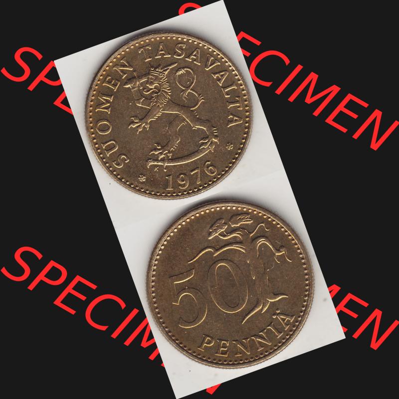 Alte Münzen KMS Finnland, Kursmünzensatz 1976 in Stempelglanz 1963-1990, 50 Penny Penniä 1976-1, SUOMEN TASAVALTA. Vorderseite und Rückseite vertikal zusammengefügt... Sammlung
