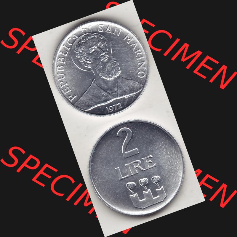 Bildmaterial Münzensatz / KMS 1972 aus San Marino 1972-1972, 2 Lire 1972, 2 LIRE MONASSI REPUBBLICA DI SAN MARINO. Vorderseite und Rückseite einer Umlaufmünze mit... Sammlung