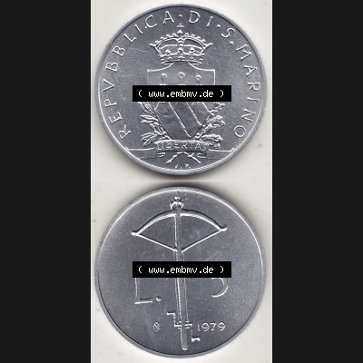 Bildmaterial Münzensatz / KMS 1979 aus San Marino 1979-1979, 5 Lire, LIBERTAS REPVBBLICA DI S. MARINO, 1979 L.5. Vorderseite und Rückseite als vertikales... Sammlung
