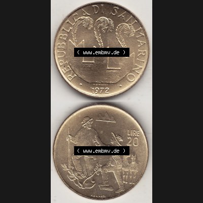 Bildmaterial Münzensatz / KMS 1972 aus San Marino 1972-1972, 20 Lire, 1972, MONASSI REPUBBLICA DI SAN MARINO. Vorderseite und Rückseite einer Umlaufmünze mit... Sammlung